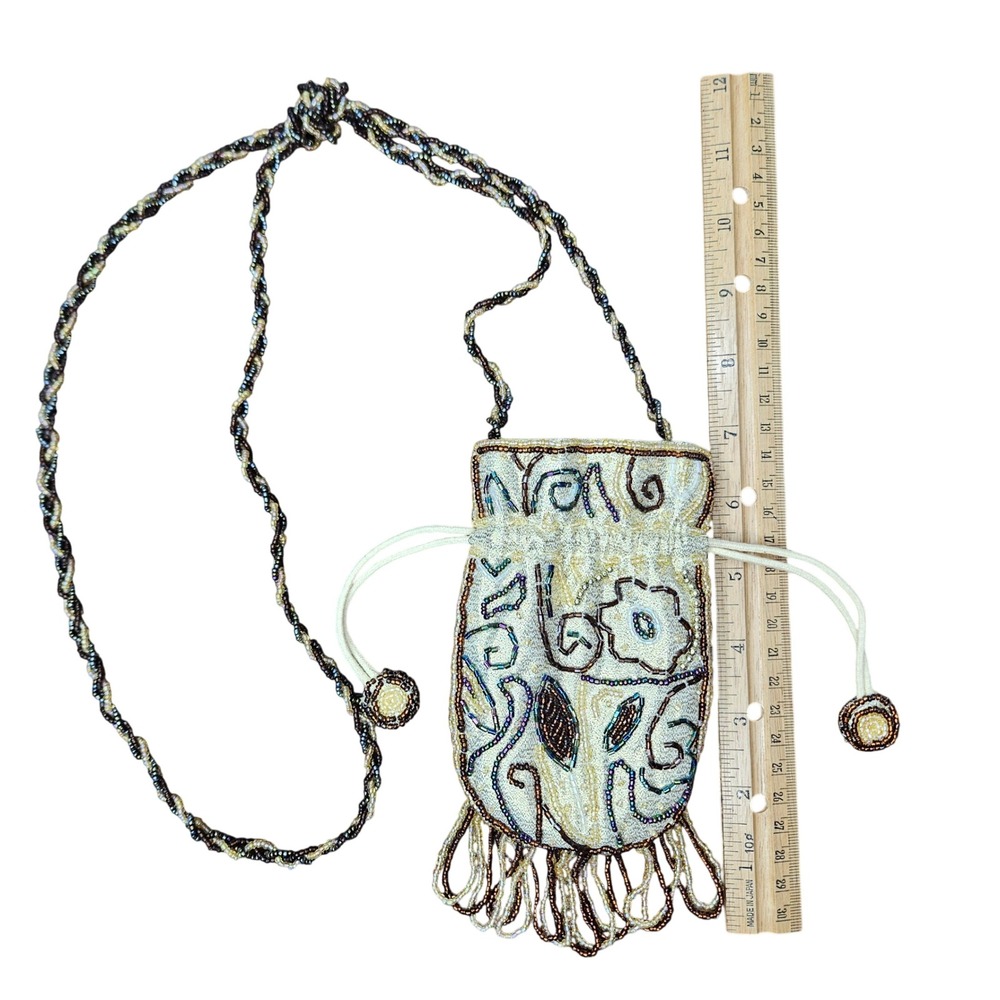 JI Vintage Gold Iridescent Beaded Drawstring Pouch Crossbody Bag with Fringe